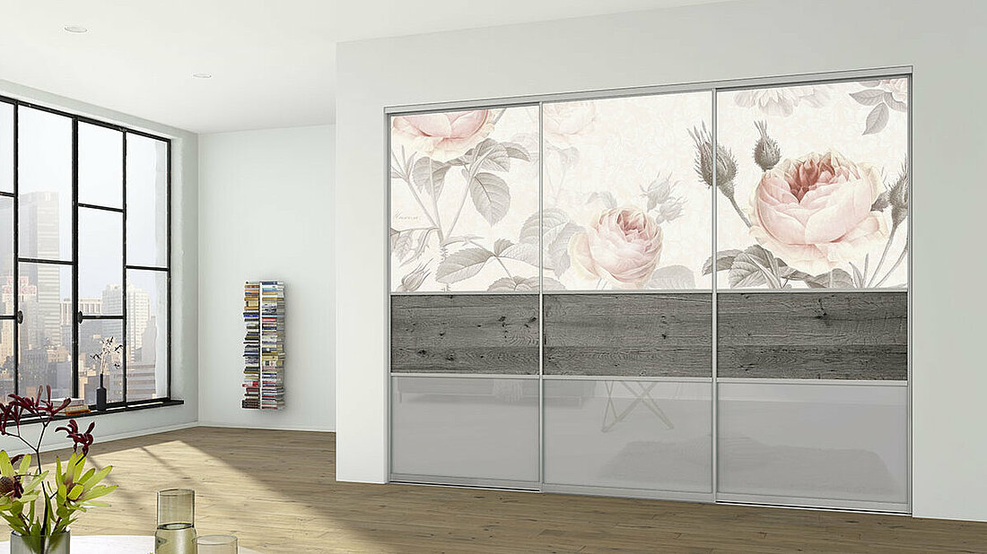 Material mix,Panel material,wallpaper "La Maison" by Komar,Wooden Selection Old Nature Oak Gray,float glass lacquered,Materialmix,Tuerfuellung,floatglas